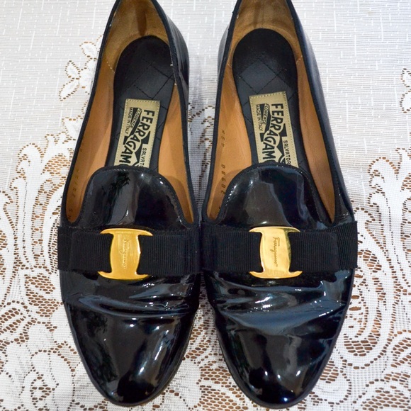 Salvatore Ferragamo Shoes - Salvatore Ferragamo Black Patent Leather Vara Bow Loafers with Gold Plaque